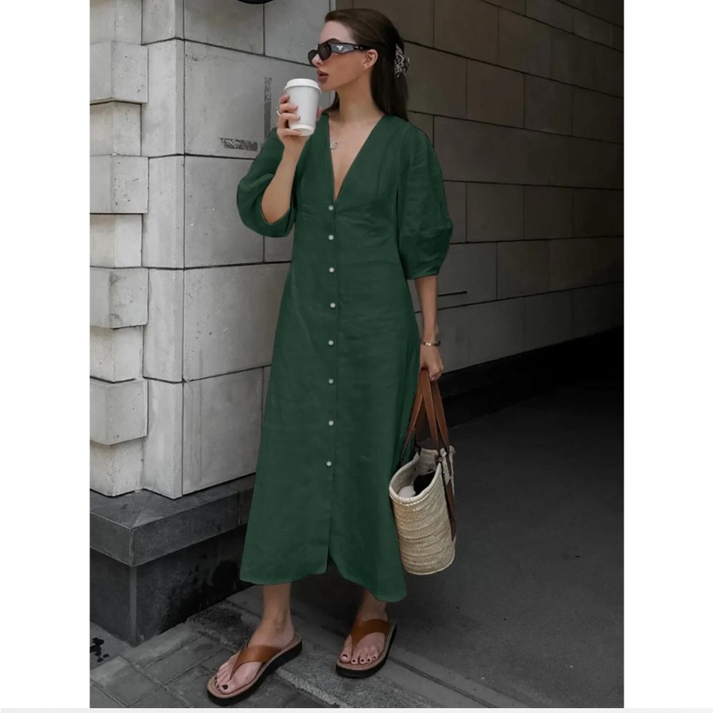 NWT Commense Cotton-Linen Button Down MIDI Dress sz M